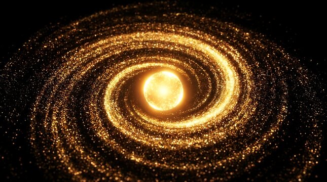 Glowing golden galaxy swirling in deep space captured with a brilliant central star and sparkling particles scattered throughout the dark void of the infinite cosmos