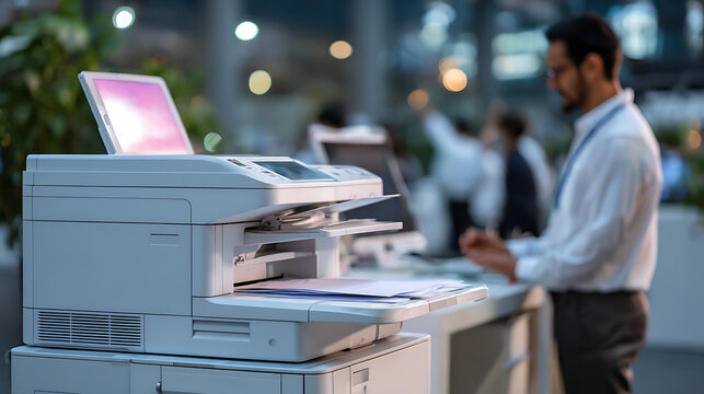 modern office printer dispensing document with city skyline view, for business technology advertising content marketing