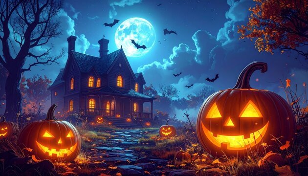 Spooky Halloween night background with pumpkins, bats, moon and dark haunted forest silhouette in autumn horror illustration design for seasonal celebration party and October spooky theme vector artwo
