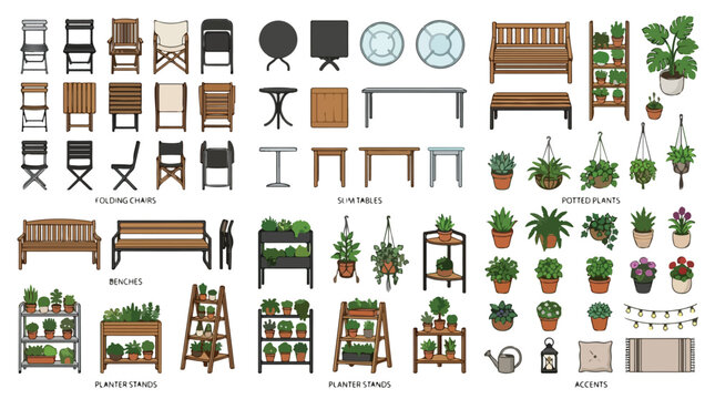 Tropical bamboo furniture set, wooden patio chairs and tables vector collection, outdoor garden lounge furniture for architectural floor plans