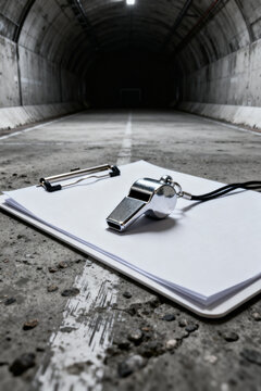 Close up macro shot of a silver referee whistle resting on a blank white clipboard on the concrete floor of a dark, dramatic empty stadium tunnel. 🏟️⏱️