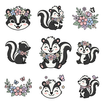 Cute skunks with floral crowns playing.