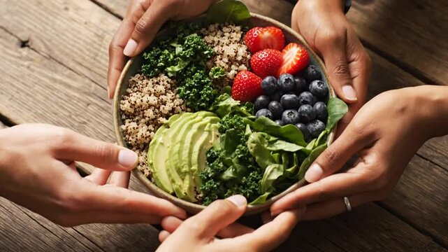 Hands reaching for healthy superfood bowl on wooden table