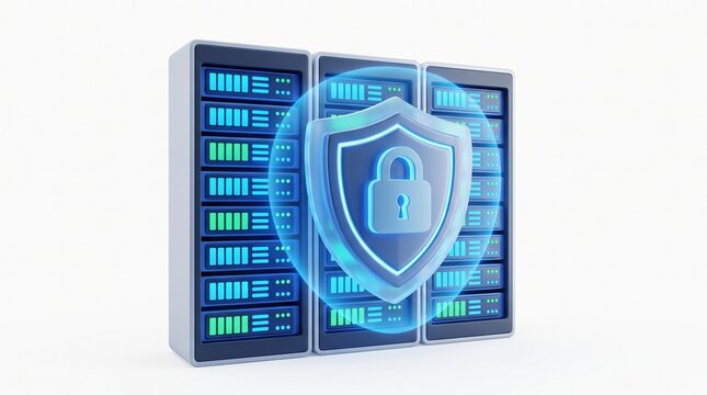 Secure server with a shield and lock icon on a digital background