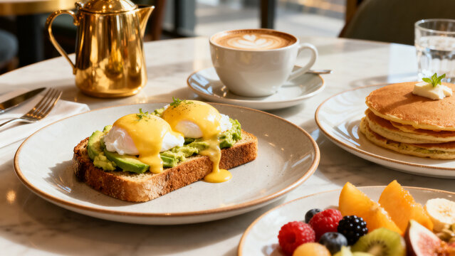 Luxury Brunch Table with Avocado Toast and Eggs Benedict