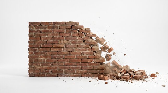 Crumbled red brick wall with debris falling apart in a dramatic collapse scene