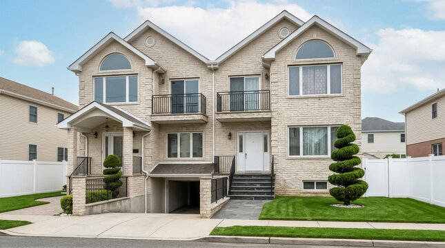 Modern Two-Story Suburban House Exterior with Green Grass Front Yard