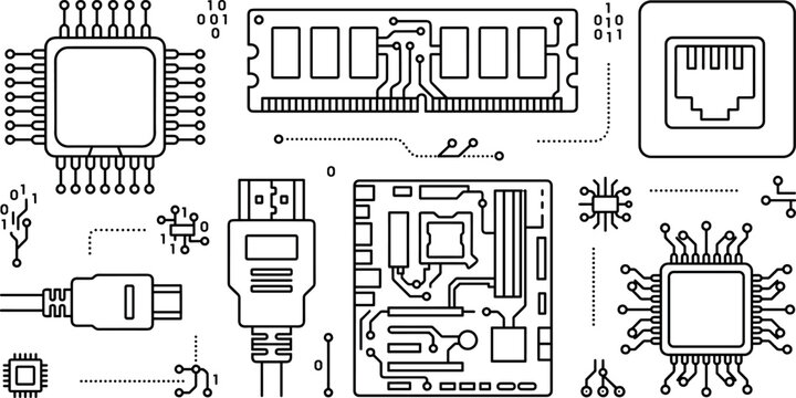 Computer hardware components and microchip electronic tech line art outline icons set vector design