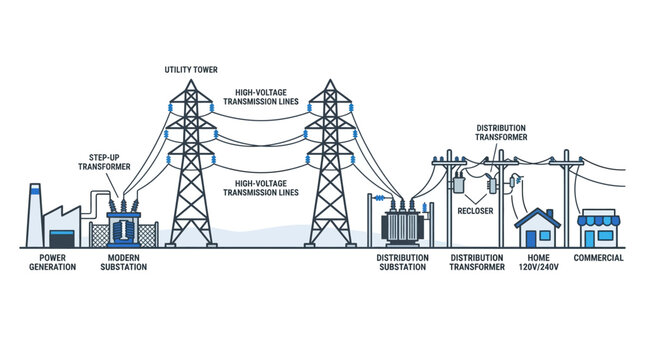 Modern Electricity Power Grid Diagram with Generation, Transmission, and Distribution to Homes and Commercial Buildings on Isolated White Background