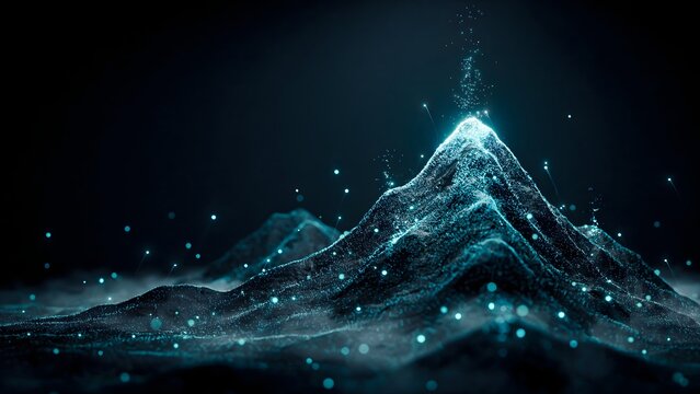 Luminous nanodots organizing into a dark peak &ndash; Ideal for nano-technology, visionary leadership, or quantum computing visualizations.