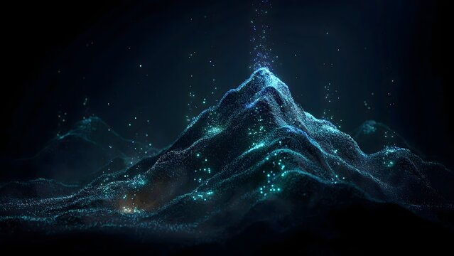 Cyan particle streams building a mountain from darkness &ndash; Perfect for advanced data science, biotech engineering, or dark mode user interfaces.