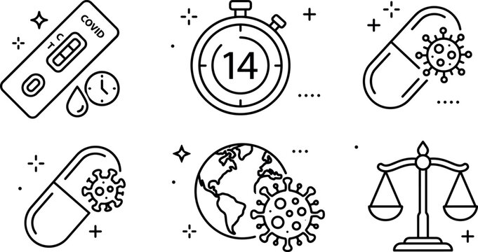 Covid medical rapid test and virus pandemic safety measures line art outline icons set vector design