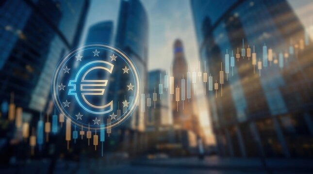Euro Symbol Over Cityscape and Stock Charts: A digital depiction of the Euro symbol shines brightly, superimposed over a modern city skyline with financial stock market charts in the foreground.