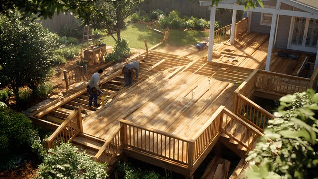 Professional contractors building a wooden deck for home renovation in a sunny residential backyard