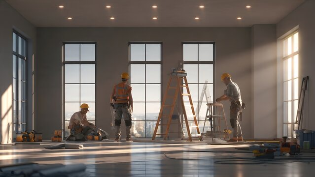 Team of construction workers renovating modern interior office with large windows during morning light