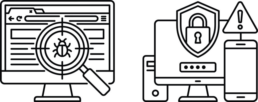 Minimalist black line art icon set featuring computer bug virus scan internet browser and cyber security data protection