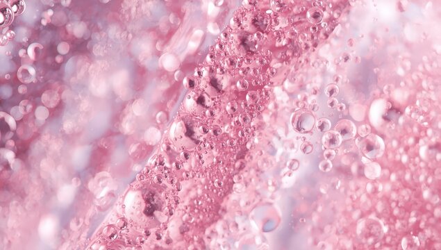 Abstract aquatic macro close-up of textured blue and pink liquid nature background, bubbling and dripping, wet glossy surface, fresh illuminated clear backdrop