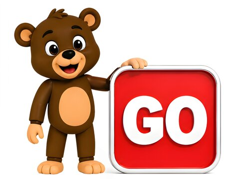 Bear Holding Go Button  , 3d Rendering