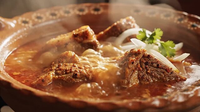 Close-up of authentic Mexican birria slowly simmering in flavorful consomm&eacute; with rich spices and natural steam.