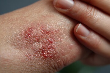 Fototapeta premium Close-up of inflamed irritated skin with redness scratches and spots on human hand or finger