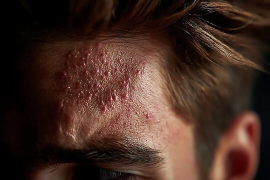 Close-up of male forehead with severe acne and skin irritation, detailed skin problem image for dermatology concept