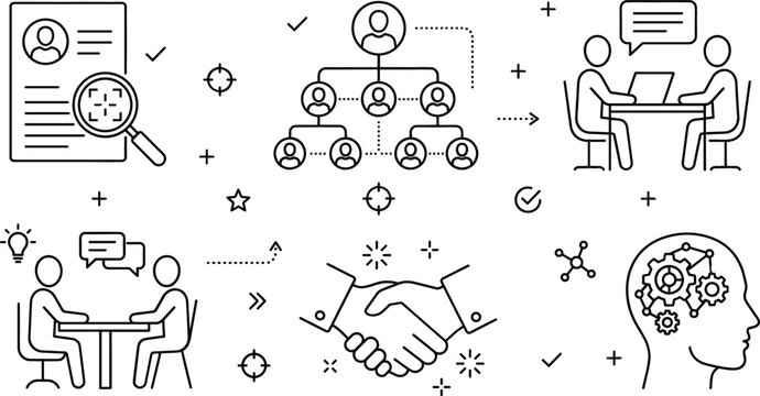 Human resources corporate recruitment line icon set featuring resume review hierarchy chart interview handshake and business thinking mindset