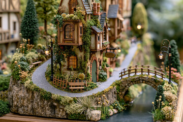 Obraz premium Miniature European village with cobblestone path stone bridge and ivy covered cottage