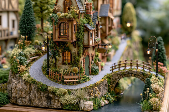 Miniature European village with cobblestone path stone bridge and ivy covered cottage