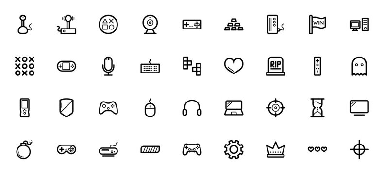 Game 7001 icon set. Minimalist icons pack. Includes symbols for joystick, console, webcam, keyboard, mouse, monitor, pacman, shield, target and more. Editable vector stroke.