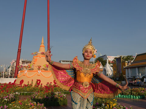 Thai Manohra Dancer Performing in Front of the Giant Swing