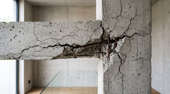 Cracked concrete pillar supports damaged interior wall in modern room
