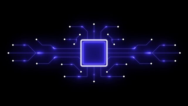 Futuristic Glowing CPU Chip with Digital Circuit Board Animation on Black Background. Modern neon light technology motherboard network banner. microchip icon on circuit board background.