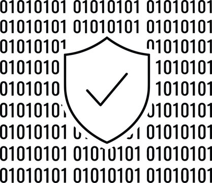 Minimalist black line art illustration of a protection shield checkmark icon over a binary code background matrix