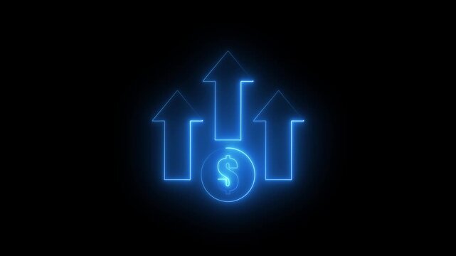 Glowing neon dollar coin with three upward growth arrows. neon light money growth and stock market increase icon for UI design.