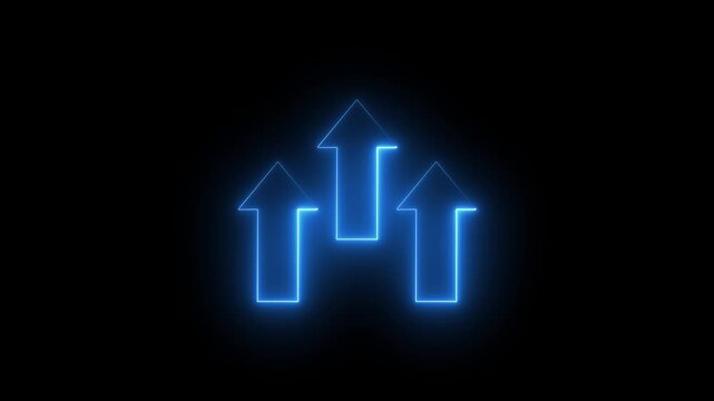 Glowing neon three upward arrows isolated on black background. business success financial increase arrow symbol.