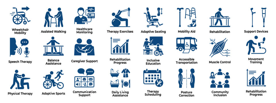 Diverse set of professional vector icons representing medical rehabilitation, physical therapy, disability support, and inclusive care services for improved well-being