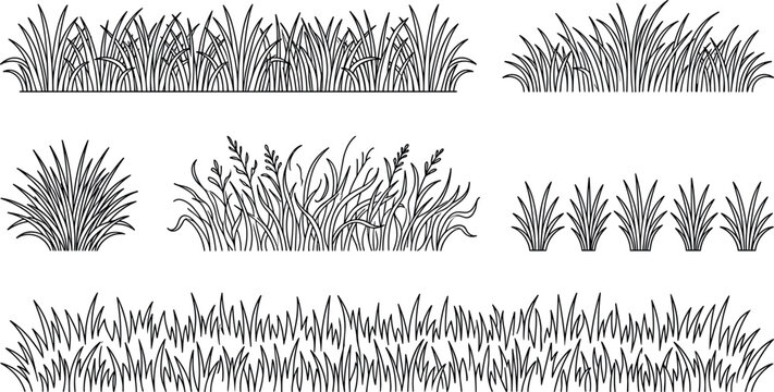 Green grass tufts borders and lawn meadow elements set in black line outline vector style