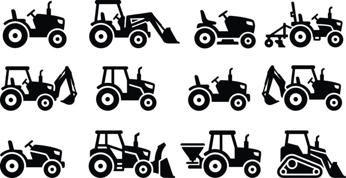 Collection of tractor silhouettes in various agricultural and construction roles on white background