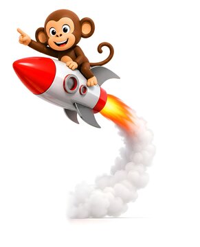Monkey Riding Rocket Launch with Smoke Trail , 3d Rendering