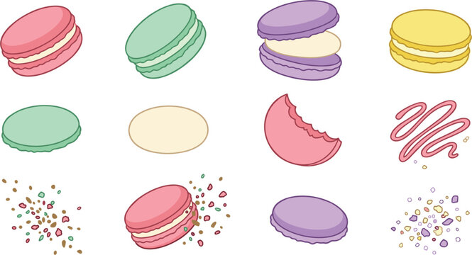 olorful French Macaron Vector Icon Set with Sweet Pastry Elements Crumbles Bitten Cookie and Cream Filling for Bakery Menu and Cafe Graphic Design