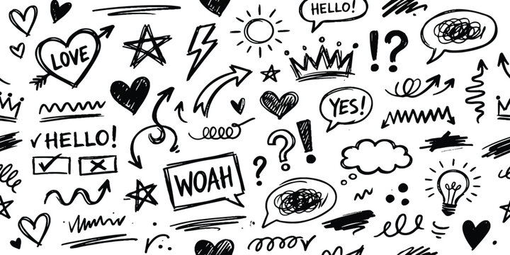 Set of black hand drawn doodle icons and speech bubbles on a seamless background
