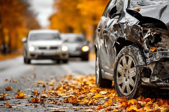 Damaged gray sedan after car accident on autumn road with fallen leaves and other vehicles in background