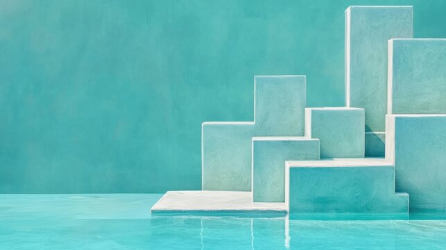 A modern art installation featuring a series of white cube-shaped platforms arranged in a geometric pattern over a pool of water.
