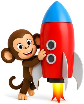 Monkey Standing Beside Rocket Launch Vehicle , 3d Rendering