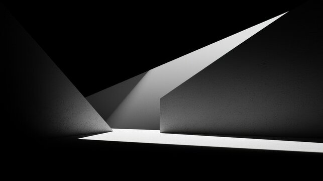 A black and white geometric composition featuring three triangular shapes and a rectangular prism.