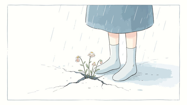 A pair of legs in a blue skirt and white socks stands beside a cracked concrete surface from which small white flowers are growing, set against a soft grey background.