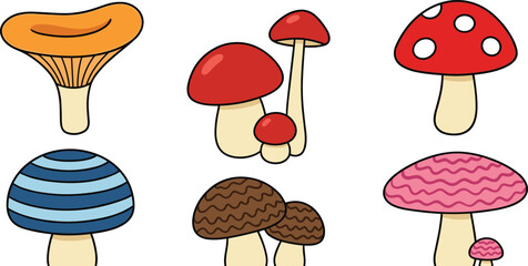 Cute cartoon colorful mushroom vector illustration set with red amanita wild forest fungus variety icons © Lipon
