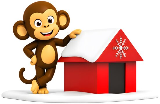 Monkey Standing Beside Snow Covered House , 3d Rendering
