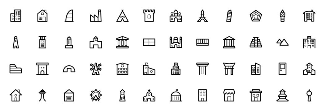 Buildings icon set. Architecture vector icons pack. Minimalist building collection. Includes symbols for house, dubai, factory, tent, castle, taj mahal, eiffel tower, pisa tower, pentagon, big ben, li