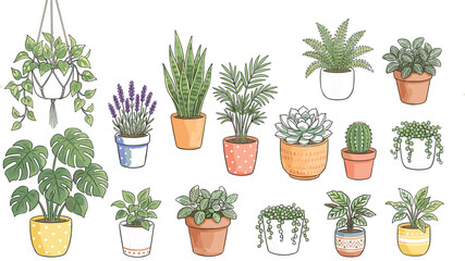 Potted houseplant vector collection featuring monstera lavender snake plant cactus fern succulent and hanging macrame green foliage © MSTRAZINA